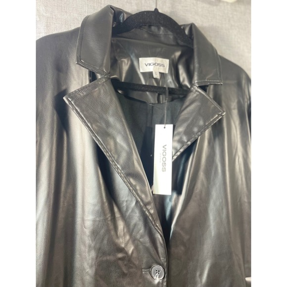 Vigoss Black Faux Leather Coat Women's Long Button Up Jacket Size L Blazer - Picture 12 of 12